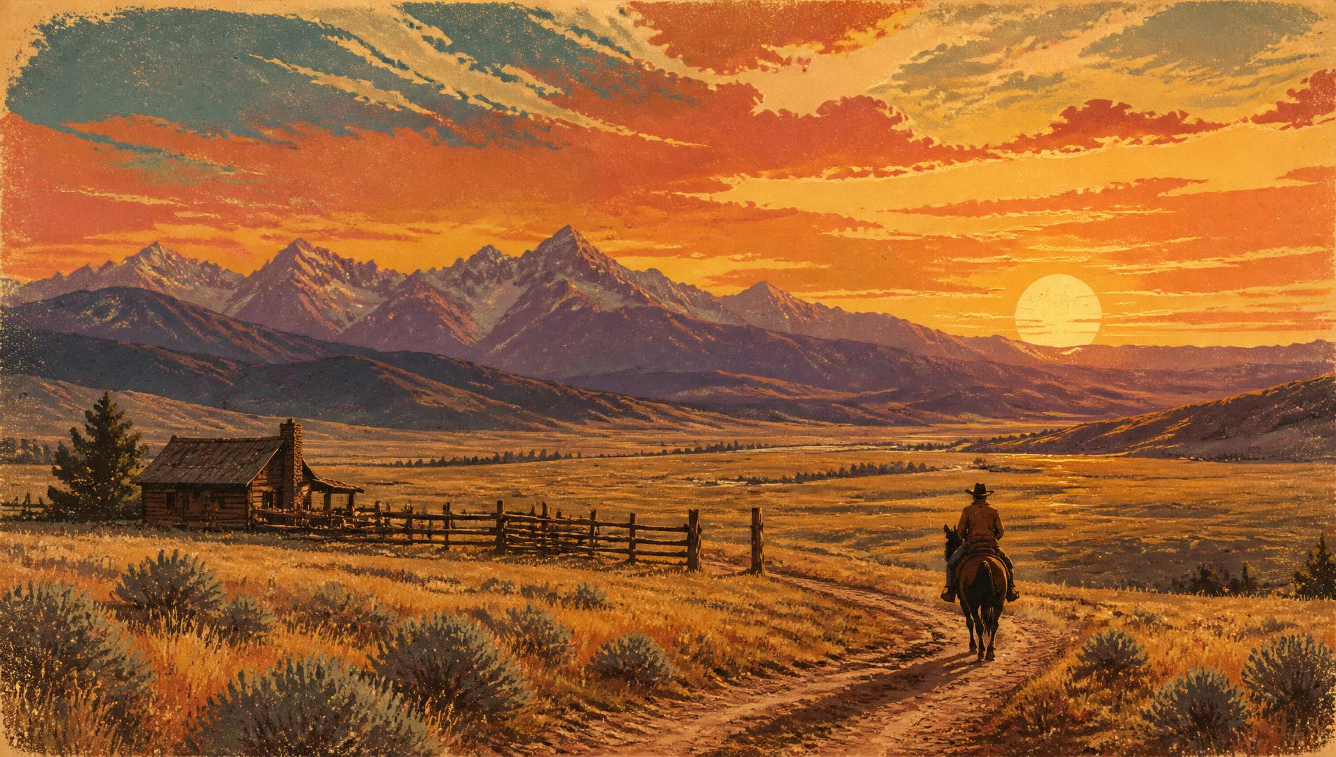 Illustrated Montana prairie at golden hour with a lone rider and a homestead cabin